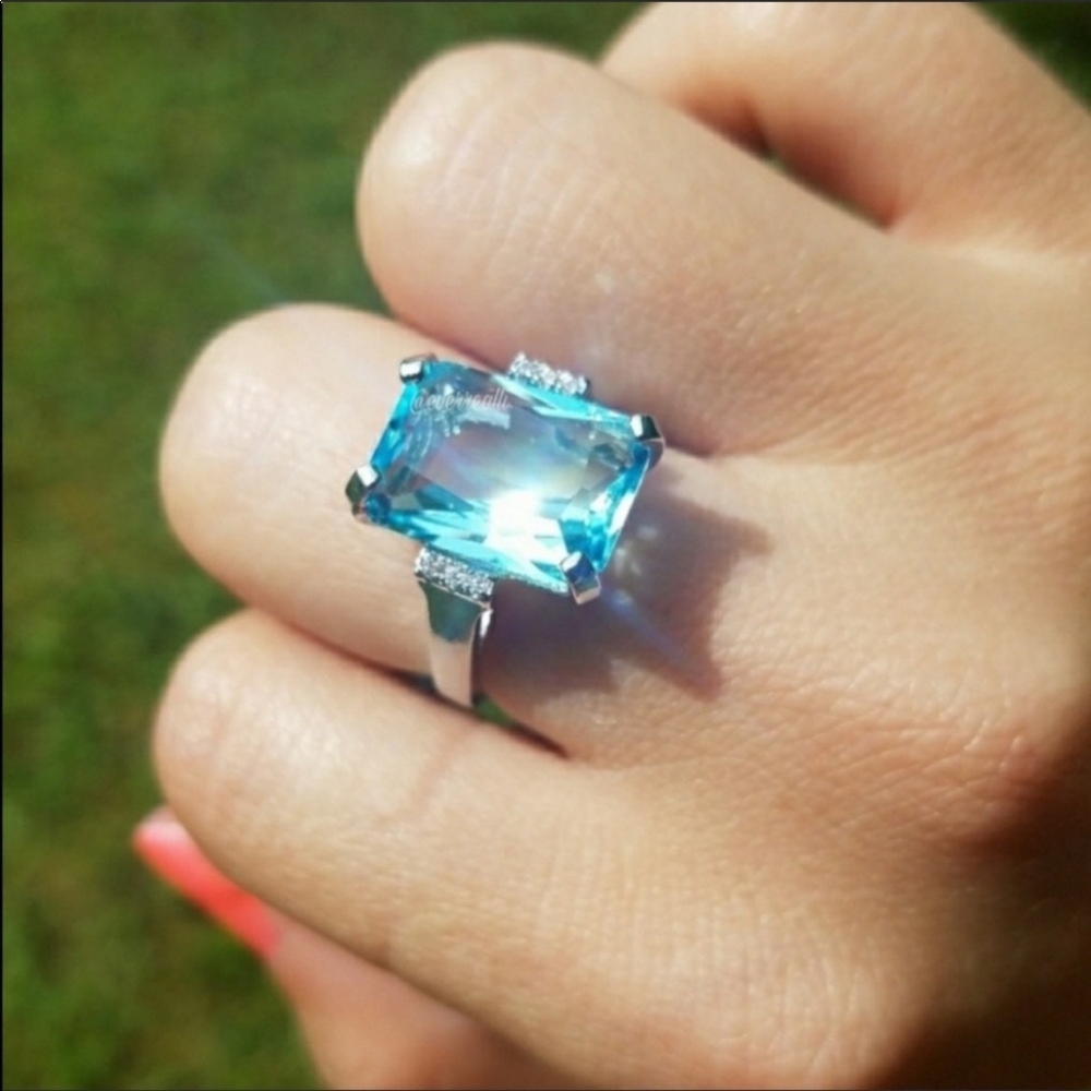 NEW925 Sterling Silver Diamond Aquamarine Ring